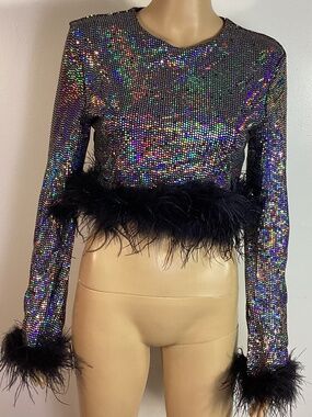 Nasty Gal Feather Trim Sequinned Crop Top Sz 6